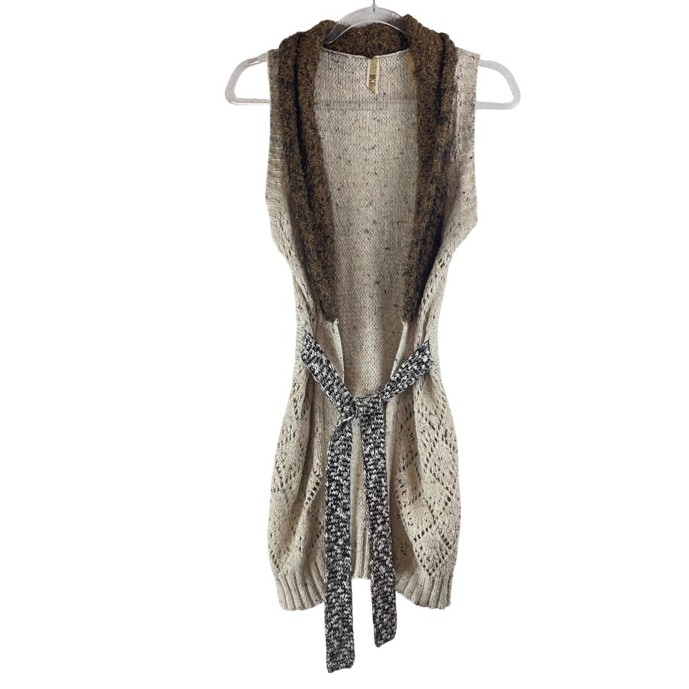 BKE Womens Open Front Sweater Vest Shawl Collar Pointelle Knit Belted Cream S